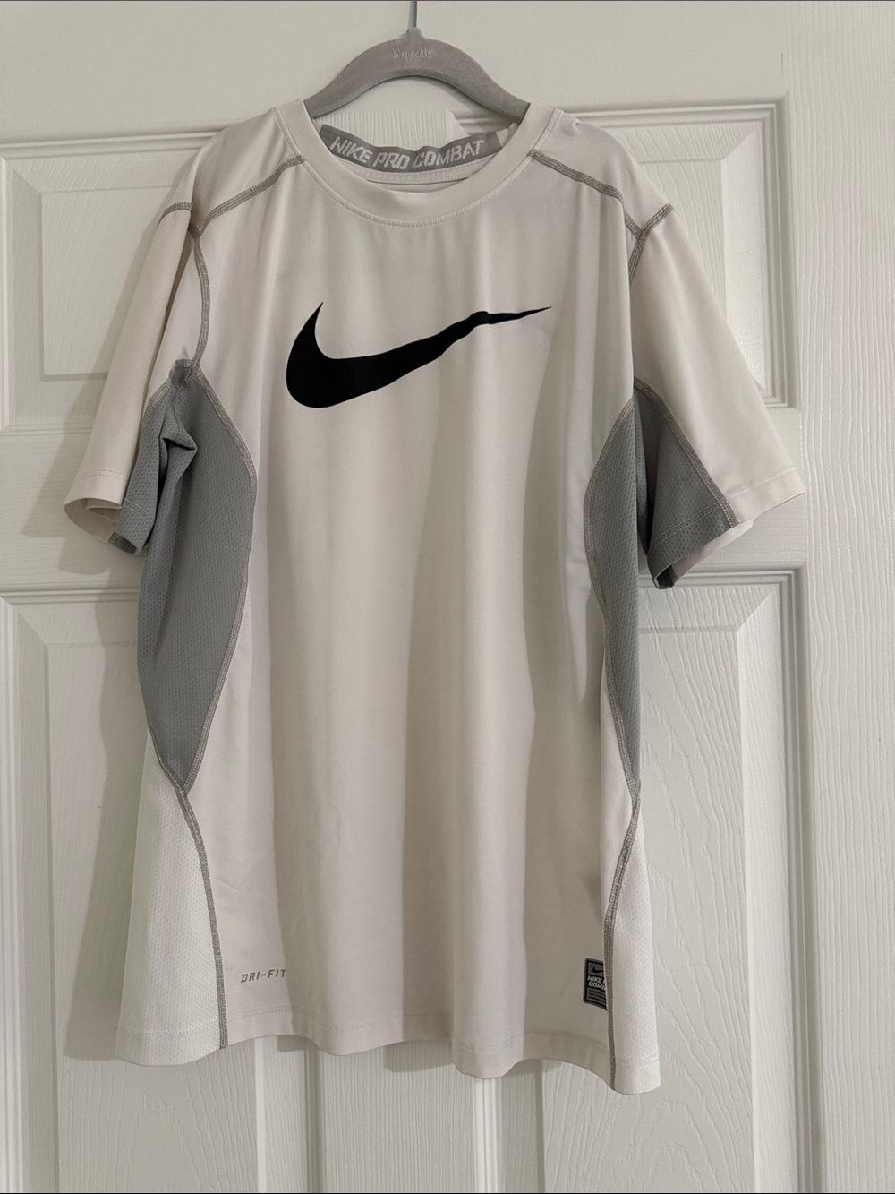 Nike White and Gray Short Sleeve Dri-FIT Tee with Black Swoosh